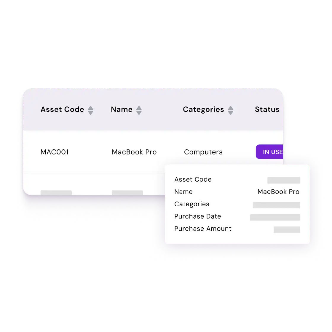 A digital asset management interface showing a MacBook Pro listing with columns for asset code, name, category, and status. An info box detailing its purchase data is overlaid.