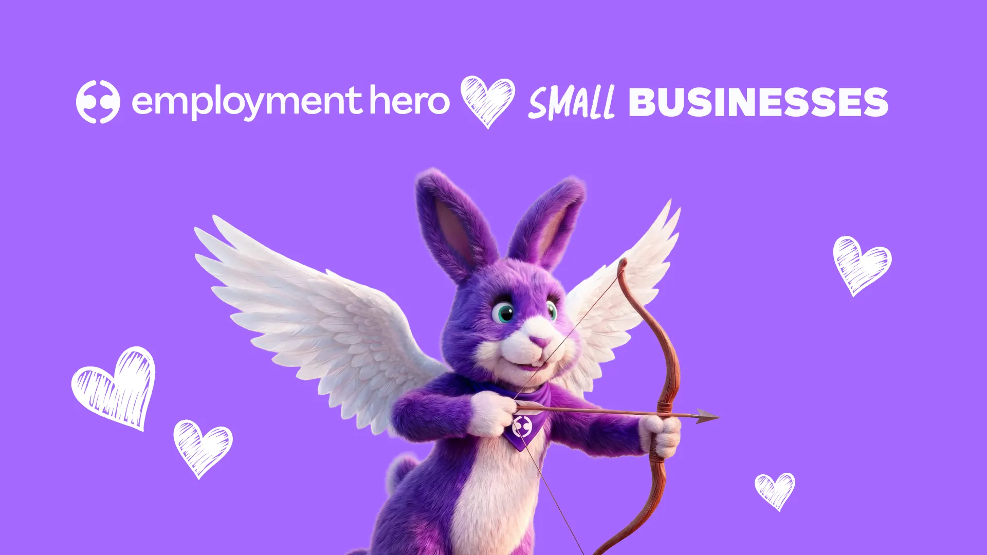 A purple winged rabbit mascot holding a bow and arrow with "Employment Hero loves Small Businesses" text.