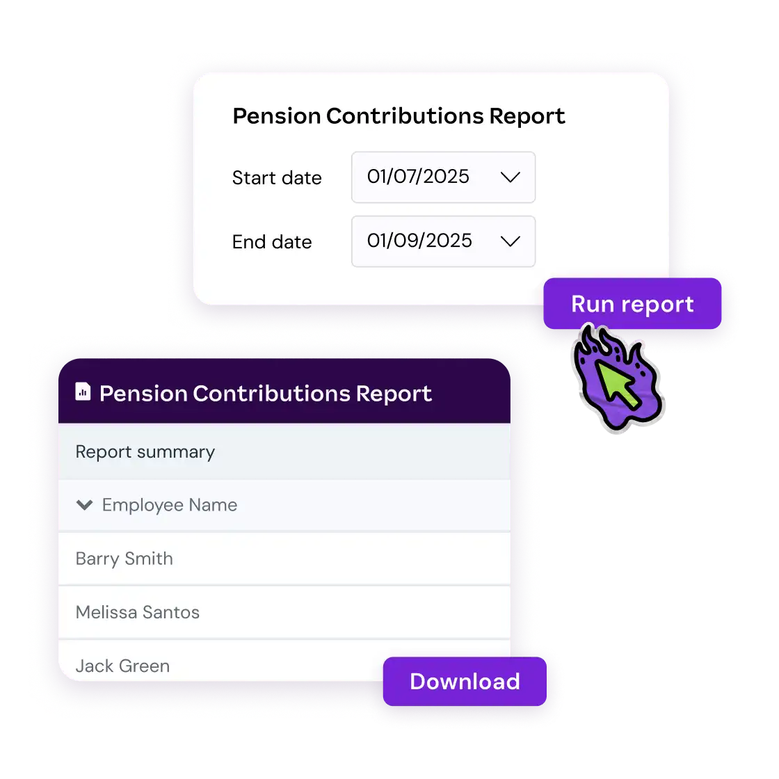 User interface for a "Pension Contributions Report" with date selectors set to July 1, 2025, and September 1, 2025. Buttons say "Run report" and "Download." A dropdown lists employee names.