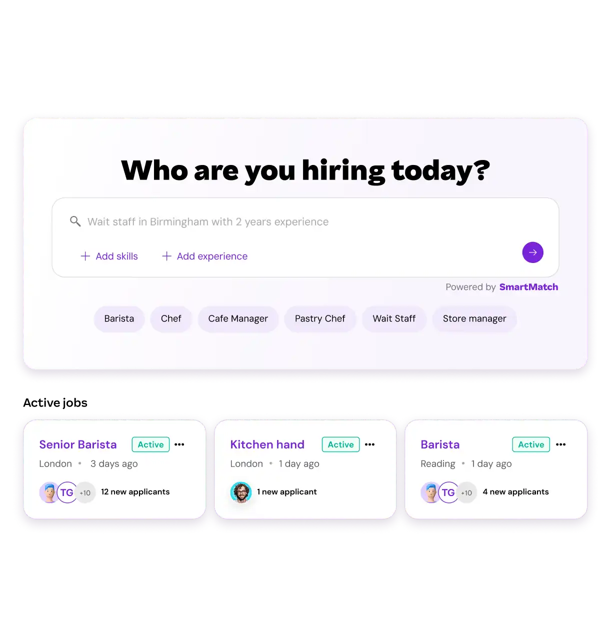 Hiring interface showing a search bar for jobs like "Wait staff" with options to add skills and experience. Job cards for London and Reading are visible below.