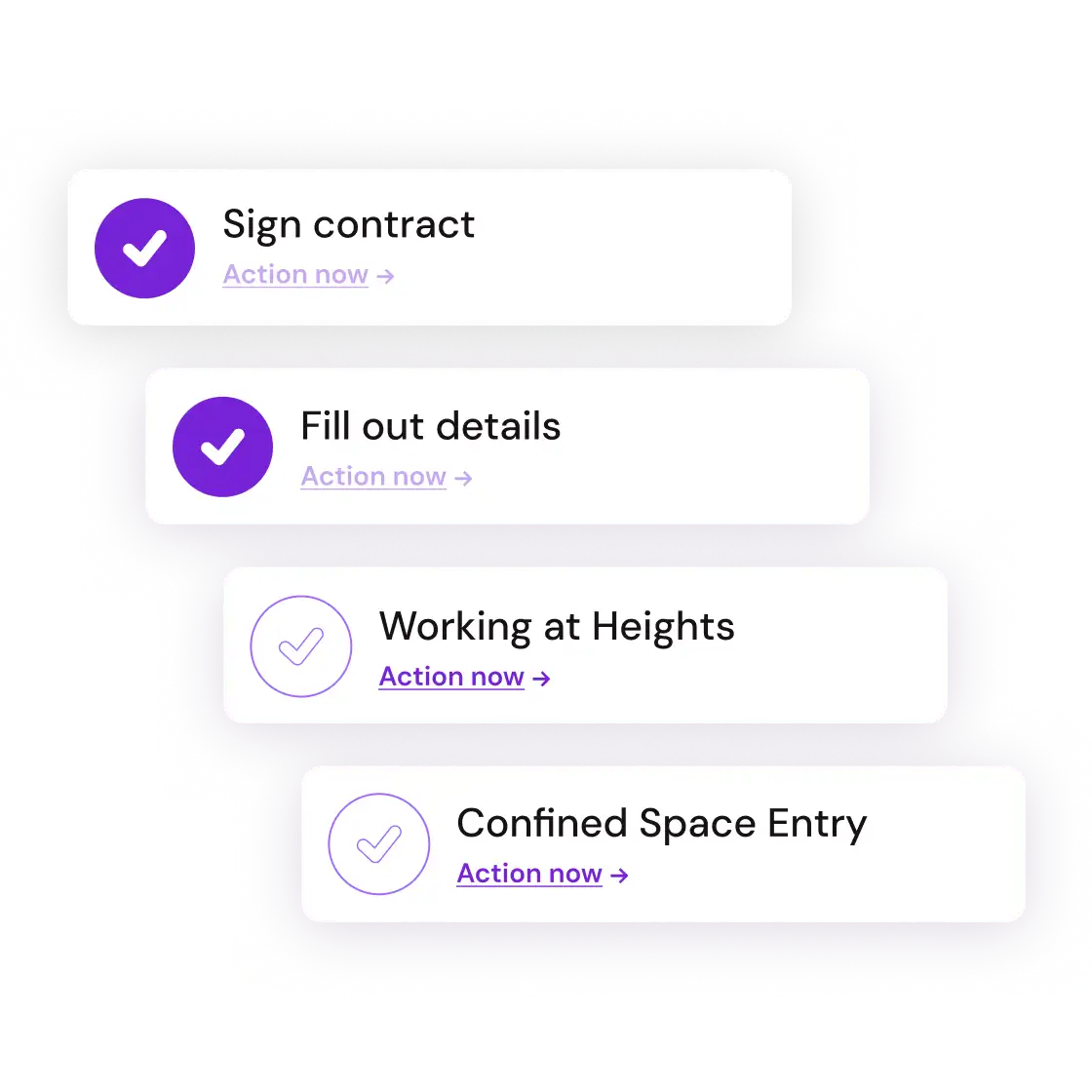 Stacked checklist cards with purple checkmarks read: "Sign contract," "Fill out details," "Working at Heights," "Confined Space Entry" with "Action now" links.